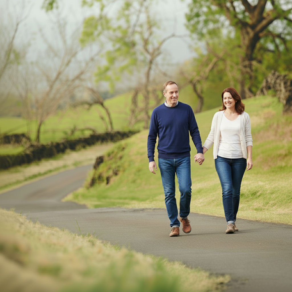 Man and woman walking hand in hand on a path in a park